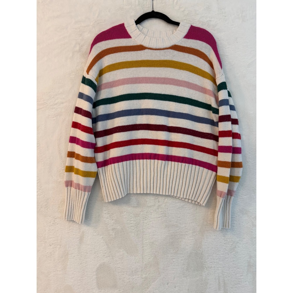 Gap Womens Large Rainbow Stripe Crewneck Sweater Ivory Multi Color Cotton Blend